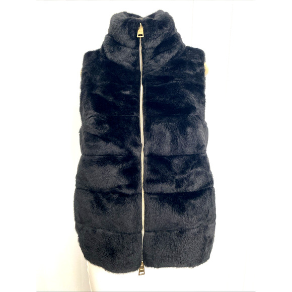 Herno Black Faux Fur Vest Sleeveless Gold Zip Slip Pockets Quilted 40 4 S - Picture 4 of 11